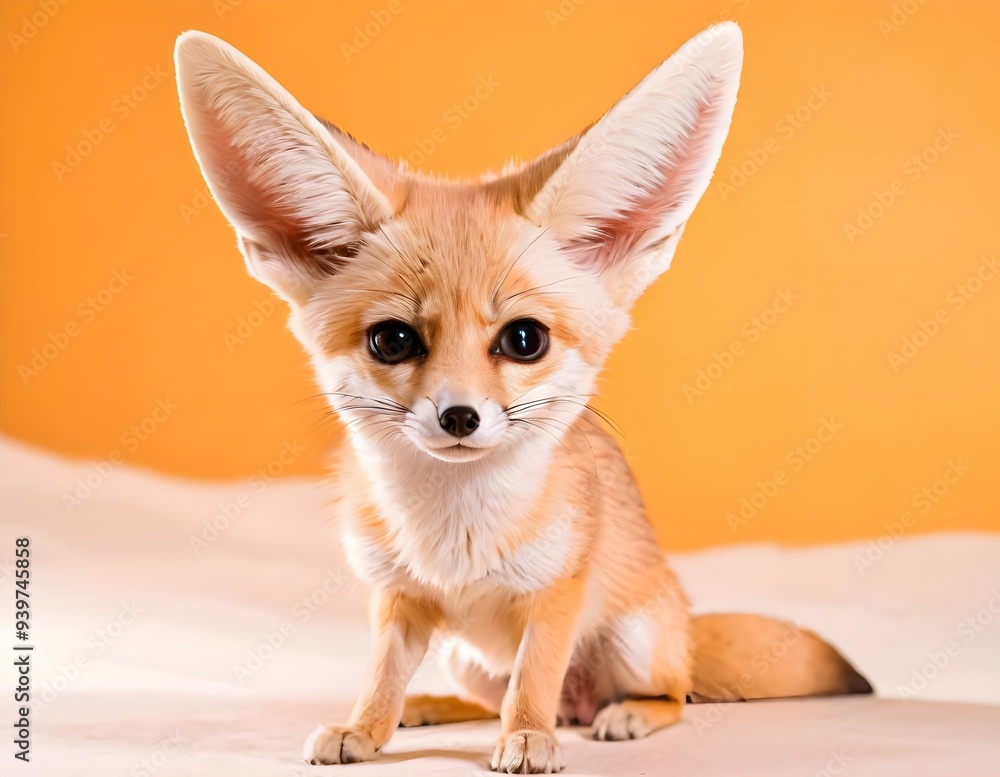 Obraz premium Fennec fox sitting gracefully on light background, showcasing its large ears and playful expression
