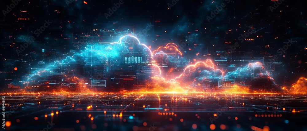A vibrant digital landscape featuring glowing clouds and futuristic elements, evoking a sense of technology and innovation. A vibrant digital landscape featuring glowing clouds and futuristic elements, evoking a sense of technology and innovation.
