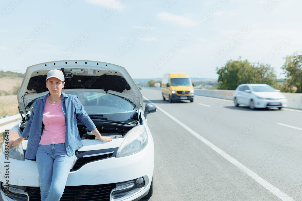 Worried Female Driver Facing Car Breakdown on Speedway Worried Female Driver Facing Car Breakdown on Speedway