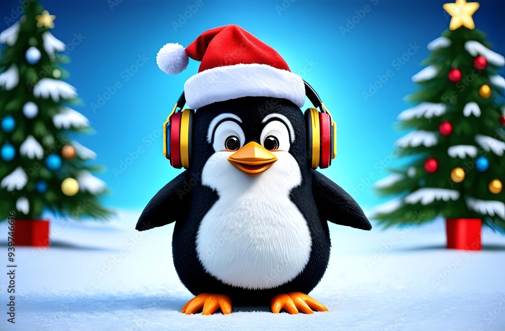 Fototapeta premium Penguin in headphones and Christmas hat next to Christmas tree