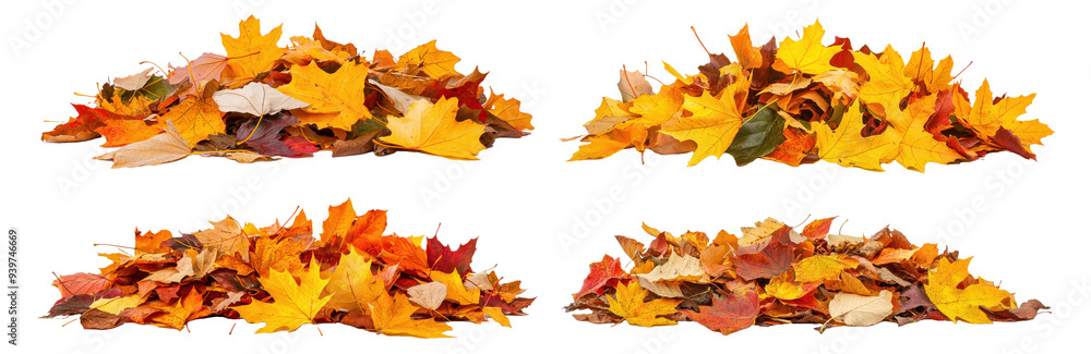 Fototapeta premium Four Piles of autumn colored leaves isolated on transparent background PNG