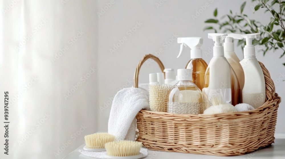 Detergents and cleaning products for house cleaning in a wicker basket on a white background, Space for text, cleaning and cleanliness concept Detergents and cleaning products for house cleaning in a wicker basket on a white background, Space for text, cleaning and cleanliness concept