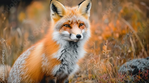  A red fox sits in tall grass with a rock in the foreground