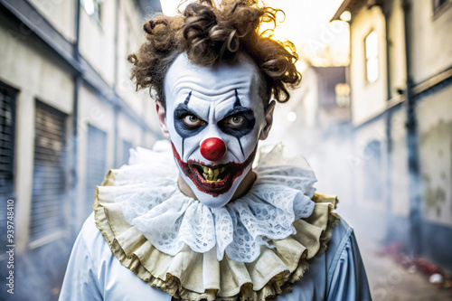 Terrifying clown with curly hair in a foggy alley