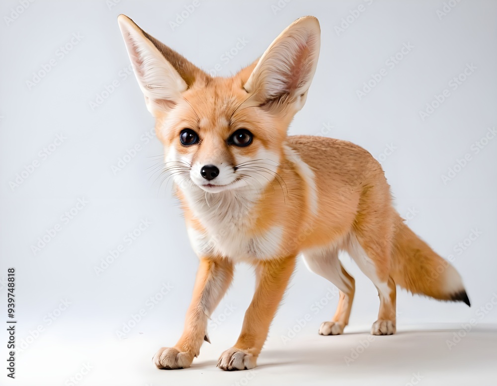 Fototapeta premium Fennec fox sitting gracefully on light background, showcasing its large ears and playful expression