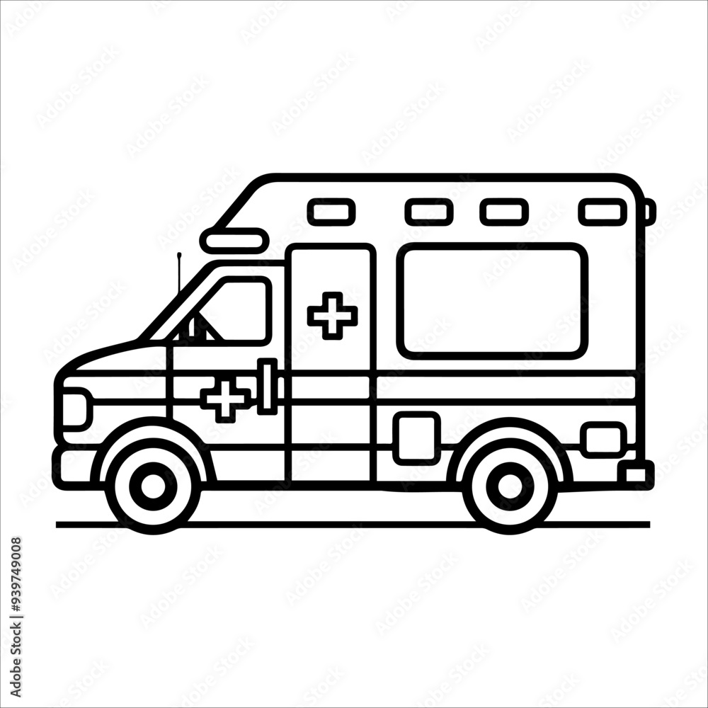 Ambulance icon or modern line symbol. Vector line art and icon design with bold outline. Black and white Pixel Perfect minimalistic symbol isolated white background. Silhouette simple thin sign Ambulance icon or modern line symbol. Vector line art and icon design with bold outline. Black and white Pixel Perfect minimalistic symbol isolated white background. Silhouette simple thin sign