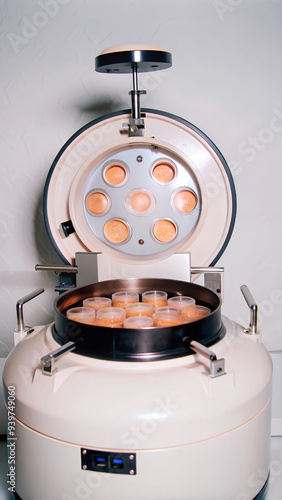 Visual of oocyte preservation for IVF with cryopreservation tanks in lab. Concept IVF process, Oocyte preservation, Cryopreservation tanks, Lab setting, Medical technology photo