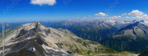 View on jagged mountains and glaciers of Zillertal alps on a summer day photo