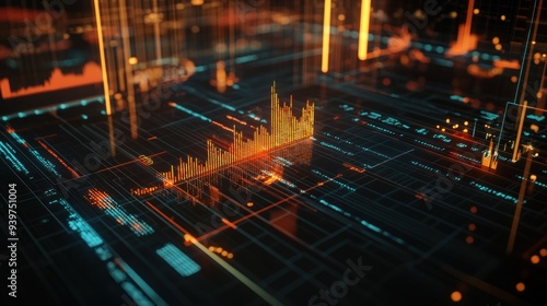 Abstract Digital Data Visualization with Orange and Teal Lines and Grids