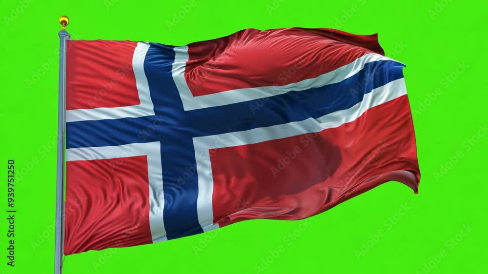 Norway flag waving against green screen background. National celebration and patriotism concept. Democratic elections. Norwegian culture