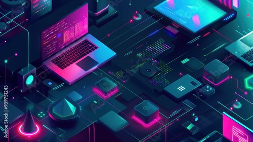 Wallpaper Mural Neon Circuitry: A Futuristic Technological Landscape Torontodigital.ca