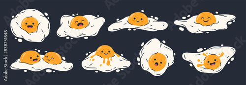 Fried eggs mascots. Funny chicken eggs characters, cute comic eggs for breakfast with facial emotions flat vector illustration set. Cartoon fried egg mascots with humorous faces