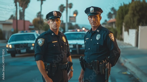 Portrait of two  police officers on the street of Los Angeles, men in police uniforms patrol the city, policeman photo