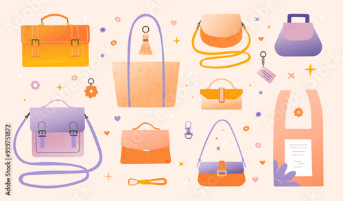 Tote bag. Fashionable purse. Handbag and female style crossbody. Trendy clutch. Modern leather shopper. Fashion accessory. Hobo and briefcase. Shopping packet. Vector glamour clothing set