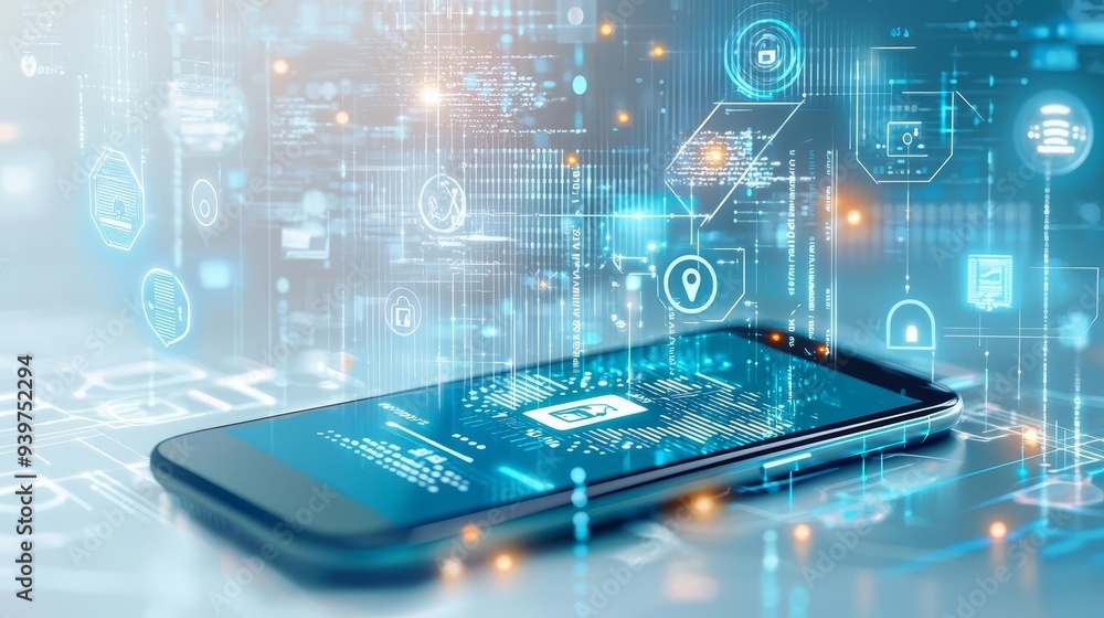 A closeup of a smartphone screen showing a twofactor authentication prompt, with data complexity and access control symbols in the background