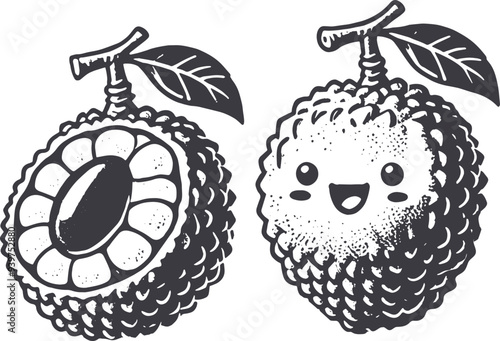 Grunge-Style Lychee Smiling Fruit Character with Texture, Rough Hand-Drawn with Grainy Print Effect.