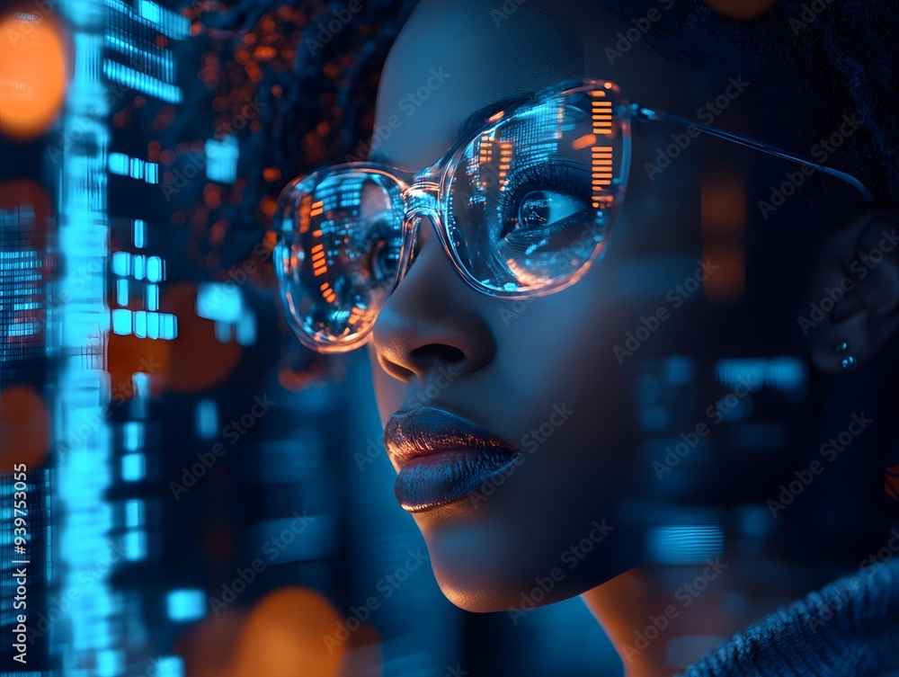 Zukunftstechnologie und künstliche Intelligenz – Frau in digitaler Umgebung Zukunftstechnologie und künstliche Intelligenz – Frau in digitaler Umgebung