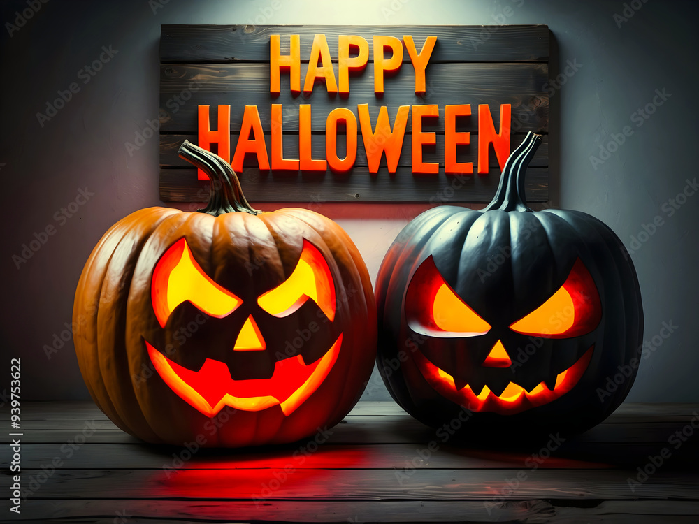 Text Happy Halloween, scary carved glowing pumpkins, festive background, jack-o-lantern, October 31. holiday, poster, template
