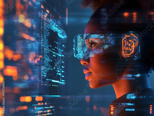 Zukunftstechnologie und künstliche Intelligenz – Frau in digitaler Umgebung