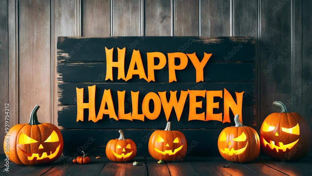 Text Happy Halloween, scary carved glowing pumpkins, festive background, jack-o-lantern, October 31. holiday, poster, template
