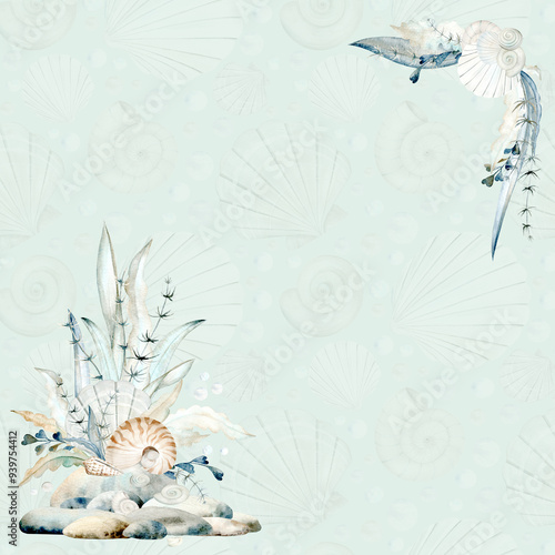 Frame of sea shells, pebbles and seaweed watercolor pattern. Hand-painted ocean clams and pebbles for nautical and seaside designs in monochromatic pastel colors photo