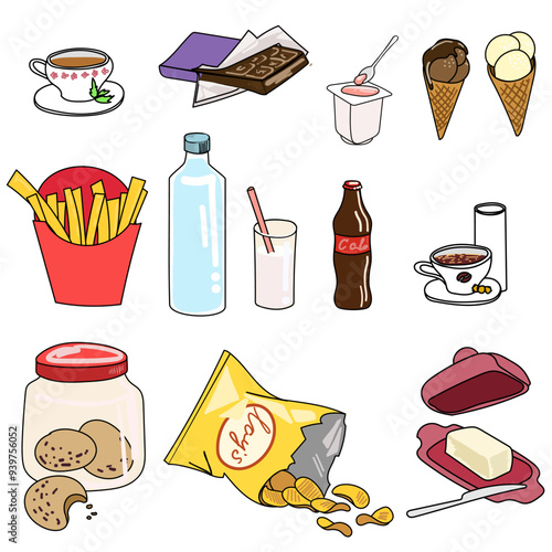 Set of drinks and snacks. Contains soda, water, coffee, tea, ice cream chips, yogurt and chocolate. Vector illustration