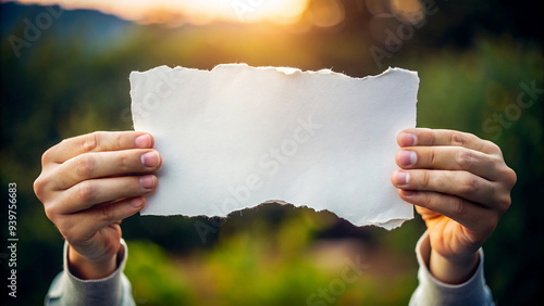 Hands holding blank and torn paper in various settings. Display of ripped paper sheets in outdoor and indoor environments