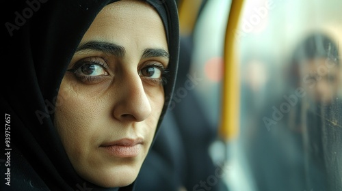 Close-up Portrait of a Woman in a Black Hijab Looking Out a Window