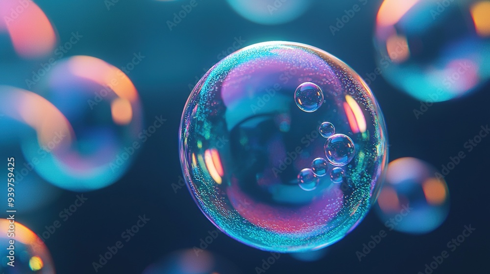 A group of bubbles floating over a blue-pink backdrop with a blue sky in the distance A group of bubbles floating over a blue-pink backdrop with a blue sky in the distance
