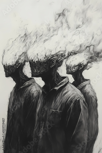 Burnout, Monochrome Illustration of People with Smoking or Burning Heads in Formal Attire, Haunting and Surreal Artwork with a Dark, Abstract Conceptual Style photo