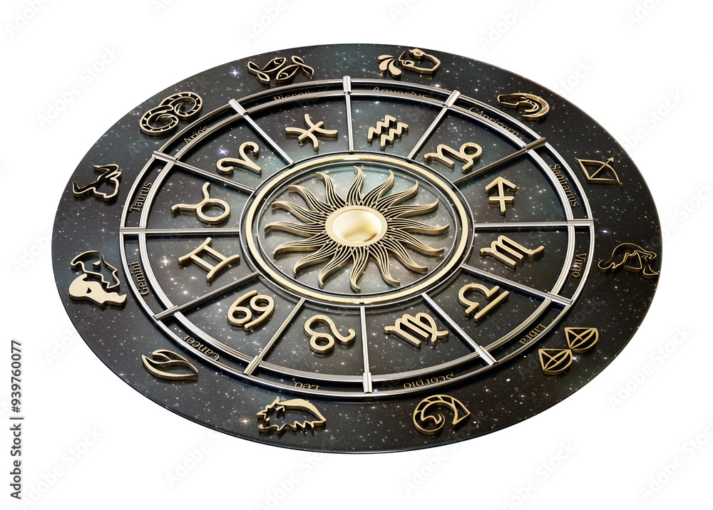 The horoscope wheel with Zodiac signs and constellations of the zodiac on transparent background. 3D illustration The horoscope wheel with Zodiac signs and constellations of the zodiac on transparent background. 3D illustration