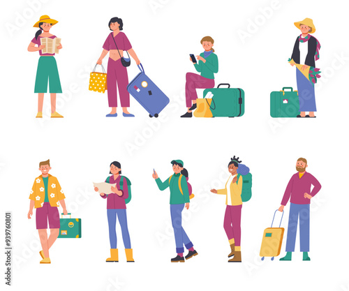 Tourist characters. People travel with luggage, backpacks and suitcases. Woman looking map, waiting transport. Cartoon travellers splendid vector set