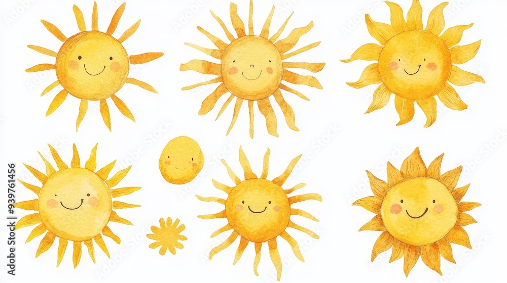 Sun. White background. Watercolor illustrations set Sun. White background. Watercolor illustrations set