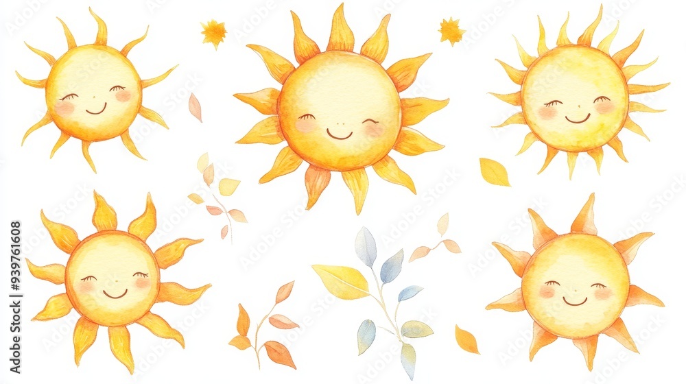 Sun. White background. Watercolor illustrations set Sun. White background. Watercolor illustrations set