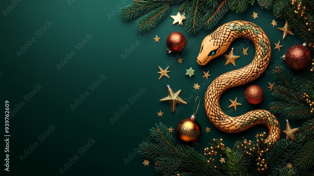 Green snake with snowflakes and ornaments on a dark festive background, symbolizing Chinese New Year. Green snake with snowflakes and ornaments on a dark festive background, symbolizing Chinese New Year.