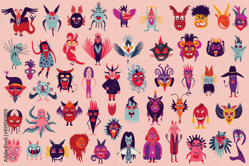 Vibrant bright Strange ugly Halloween characters. Cute bizarre comic characters in modern flat hand drawn childish style