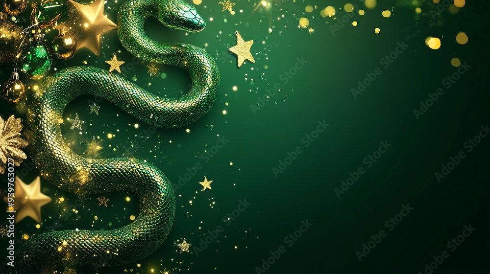 Green snake with snowflakes and ornaments on a dark festive background, symbolizing Chinese New Year. Green snake with snowflakes and ornaments on a dark festive background, symbolizing Chinese New Year.