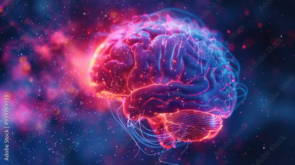 A minimalistic 3D render of a human brain with interconnected glowing lines with vibrant, contrasting colors and soft lighting, showcasing a clean design and neural network elements. A minimalistic 3D render of a human brain with interconnected glowing lines with vibrant, contrasting colors and soft lighting, showcasing a clean design and neural network elements.