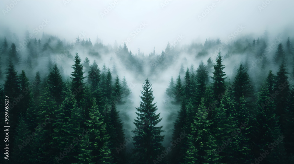 Aerial View Misty Forest Foggy Day. Aerial View Misty Forest Foggy Day.