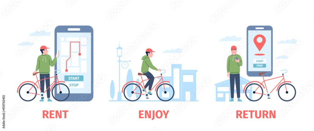 Rental bicycle. Man rent bike on mobile app, riding in city and return back. Travel in town, modern urban sharing eco transport, recent vector concept Rental bicycle. Man rent bike on mobile app, riding in city and return back. Travel in town, modern urban sharing eco transport, recent vector concept