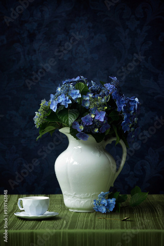 Blue Hydrangea in a White Pitcher Still Life