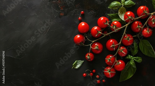 Cherry tomatoes and basil leaves on black background 