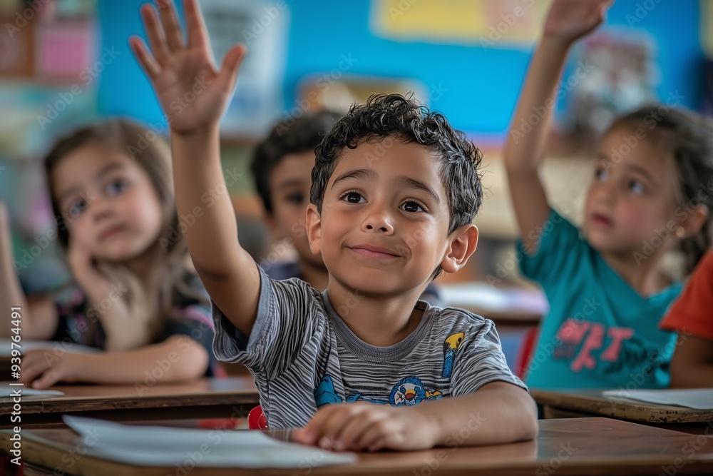 A group of children sitting at desks in the classroom one child raising his hand while the others have their hands raised. Captured with a Nikon D850 and a 24-70mm f/2.