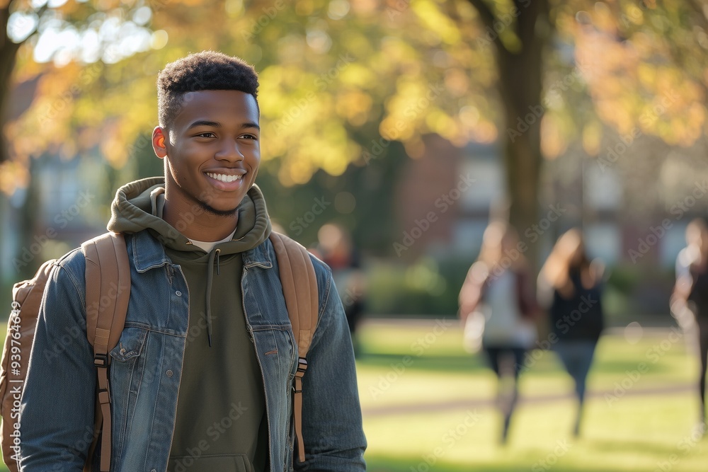 A young african american man with short hair walking on the campus of oregon state university, wearing brown backpack and green hoodie jacket, students in background. A young african american man with short hair walking on the campus of oregon state university, wearing brown backpack and green hoodie jacket, students in background.