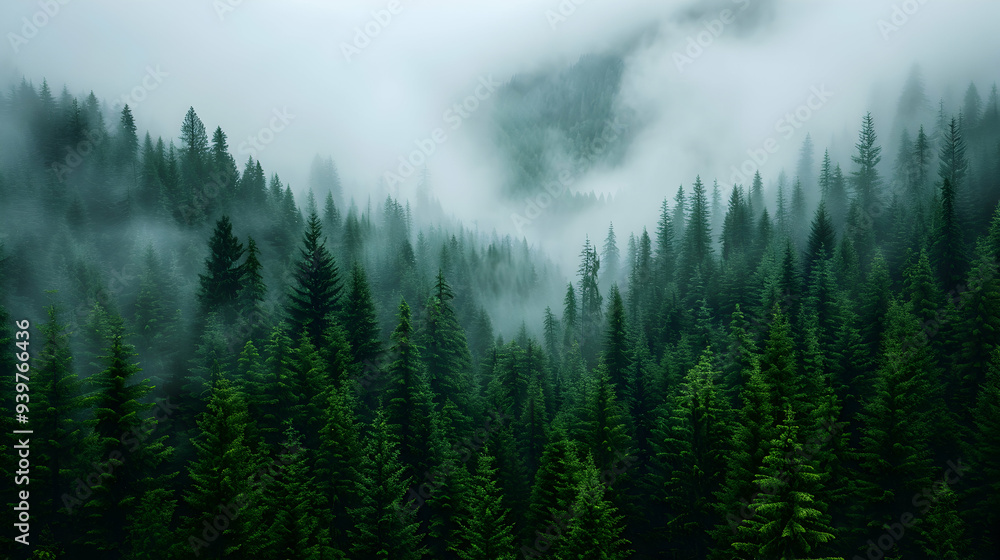 Aerial View Misty Forest Foggy Day. Aerial View Misty Forest Foggy Day.