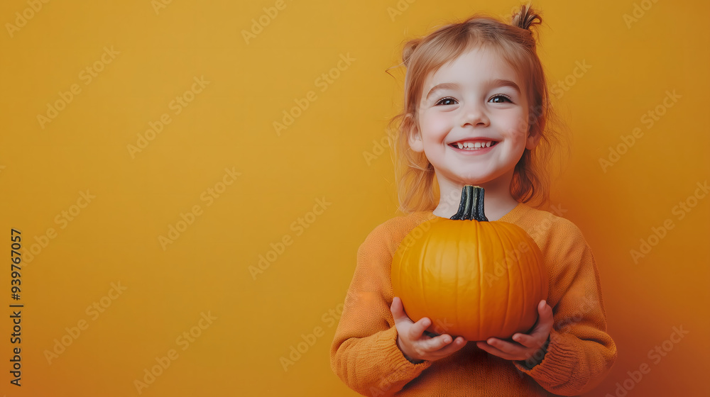Niña sonriente con calabaza de Halloween sobre fondo naranja Niña sonriente con calabaza de Halloween sobre fondo naranja