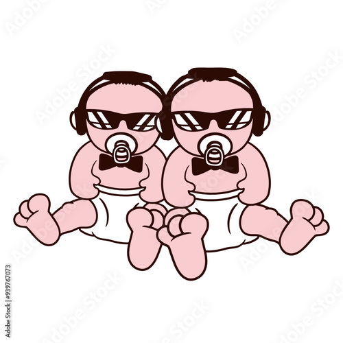 2 Babies Brothers Friends Team Baby Crew Music DJ Headphone Sunglasses Party Night Dancing Clubber Raver Comic Humor Cartoon Cool Sound Disco Club Festival Band Concert Techno Raving Discothek Love