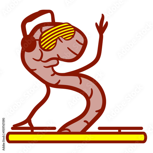 Worm Music DJ Mixing Console Turntable Record Headphone Sunglasses Party Night Dancing Clubber Raver Comic Humor Cartoon Cool Fun Sound Disco Club Festival Band Concert Techno Raving Discothek Love