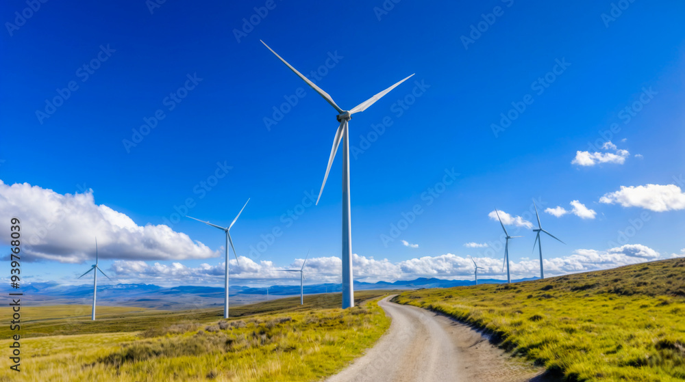 A dirt path meanders through fields dotted with wind turbines against a clear blue sky and distant hills A dirt path meanders through fields dotted with wind turbines against a clear blue sky and distant hills