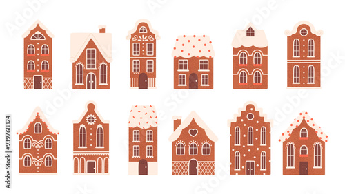 Gingerbread houses. Isolated christmas cookies with glaze. Baking elements, sweet winter holidays traditional dessert, racy vector collection